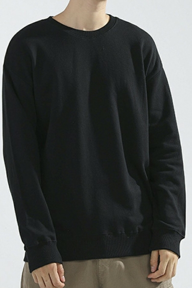 Cozy Mens Sweatshirt Pure Color Long Sleeves Round Neck Round Neck Sweatshirt