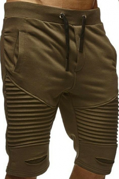 Dashing Shorts Pure Color Pleated Designed Drawcord Waist Knee Length Fitted Shorts for Men