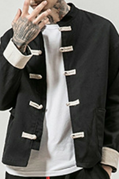 Fancy Jacket Contrast Cuffs Stand Collar Long Sleeved Frog Button Detail Loose Fit Jacket for Men