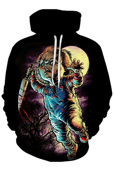 Fashion Hoodie 3D Skull Printed Drawcord Front Pocket Long Sleeve Baggy Hoodie for Guys