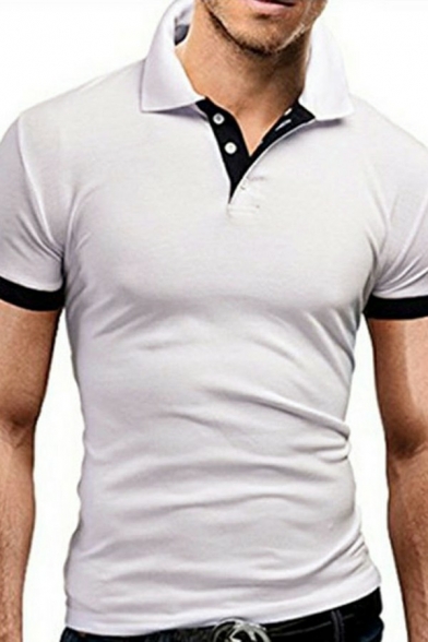 Fashionable Men's Color Blocking Polo Shirt Button Up Detailed Short-sleeved Stand Collar Slimming Polo Shirt