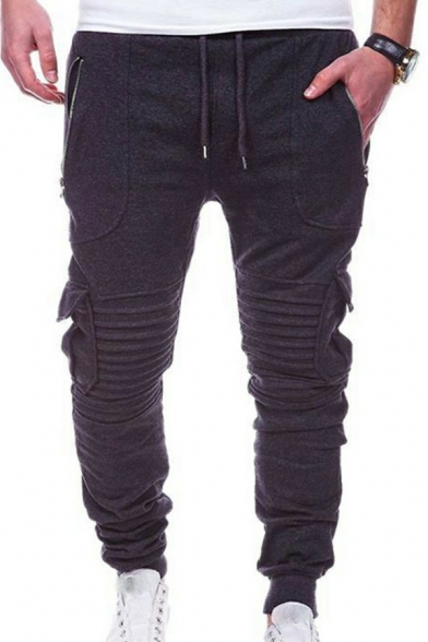 Fashionable Men's Pants Plain Pleated Side Pocket Decoration Full Length Skinny Draw cord Pants