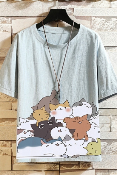Fashionable Men's T-Shirt Cat Printed Crew Neck Short-Sleeved Loose Fitted Tee Top