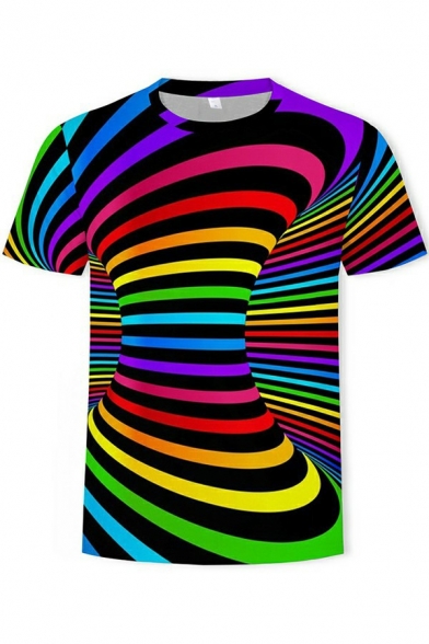 Freestyle Guys T-shirt 3D Striped Pattern Round Collar Short Sleeve Regular Fitted Tee Shirt