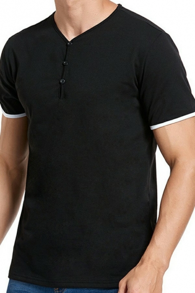 Guy's Leisure Tee Shirt Button Designed Short-sleeved V-Neck Relaxed Fit Fake Two Piece T-Shirt