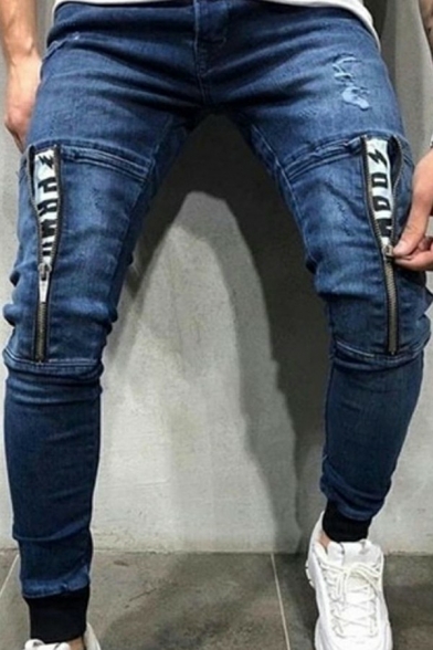 Guy's Unique Denim Pants Zip Fly Pockets Ripped Patched Full Length Slim Fit Jeans