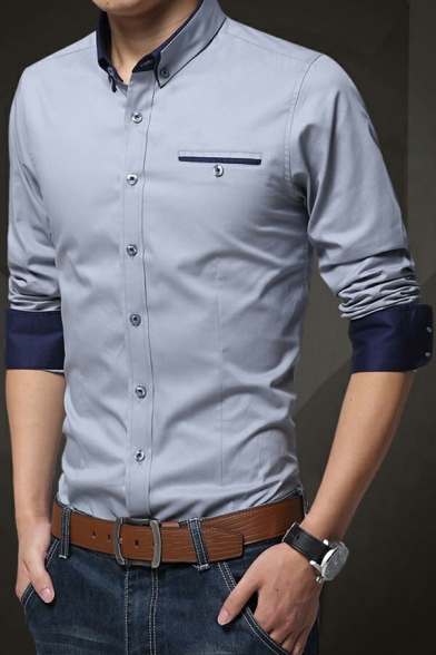 Guys Fashionable Shirt Contrast Trim Pocket Decorate Button-down Collar Long Sleeves Fitted Shirt