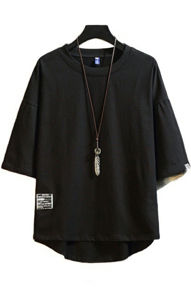 Hip-hop Mens T-Shirt Solid High-low Hem Round Neck 1/2 Sleeve Baggy T-Shirt