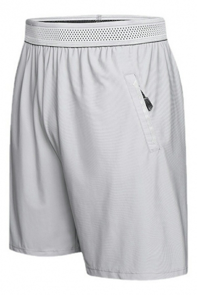 Men Athletic Shorts Whole Colored Zip Fly Pocket Elastic Waist Regular Fit Shorts