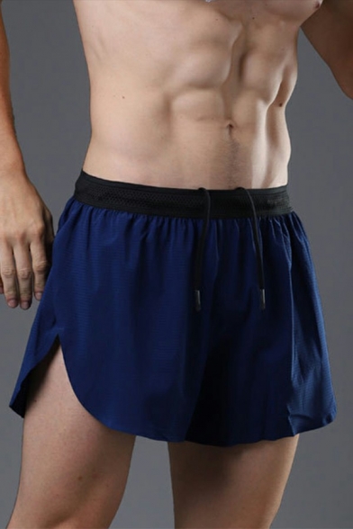 Men Boyish Shorts Plain Side Slit Elastic Drawstring Waist Regular Shorts