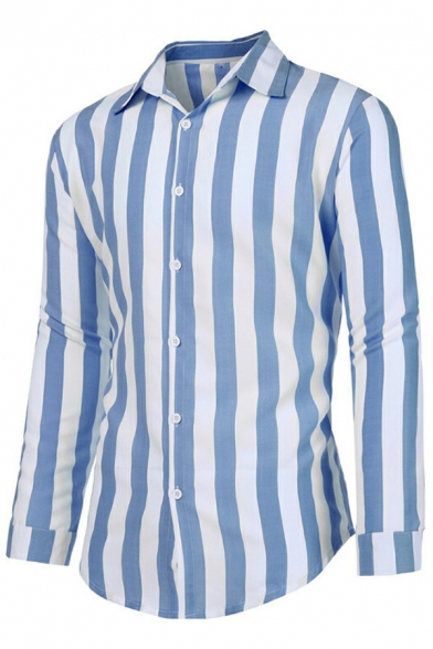 Men Classic Shirt Stripe Printed Button Design Turn-down Collar Long Sleeves Fitted Shirt