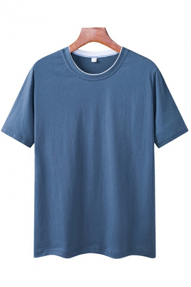 Men Elegant T-Shirt Pure Color Crew Neck Short Sleeve Loose Fit T-Shirt