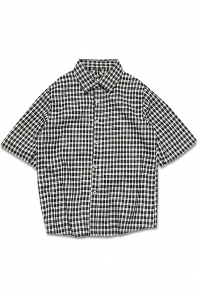 Men Popular Shirt Checked Print Short Sleeves Point Collar Button up Relaxed Fit Shirt Top