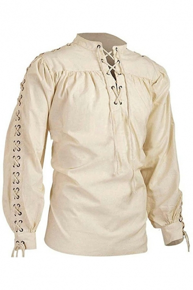 Men Retro Shirt Pure Color Lace-up V-Neck Long-sleeved Relaxed Fit Shirt