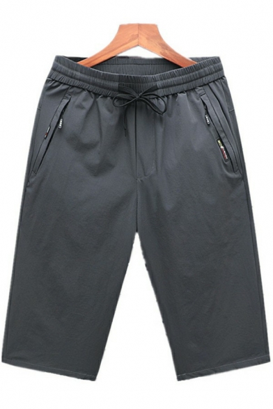 Men's Leisure Shorts Pure Color Drawstring Elastic Waist Zipper Pocket Detail Straight Fit Shorts