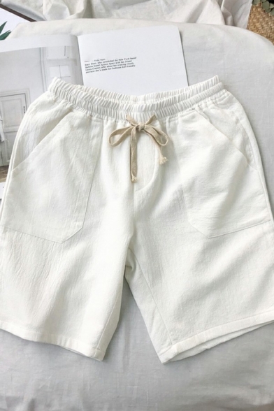 Mens Basic Shorts Solid Color Big Pockets Elasticated Waist with Drawstring Relaxed Fit Shorts