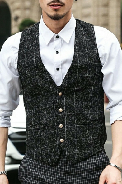 Modern Mens Suit Vest Plaid Pattern Pocket Decorated Single Breasted Slim Fitted Suit Vest