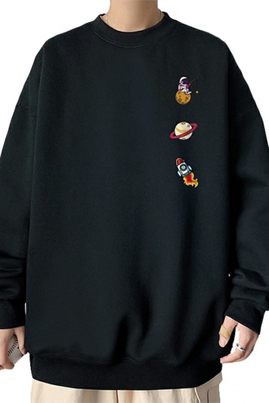 Simple Sweatshirt Planet Pattern Long Sleeve Round Neck Loose Fit Sweatshirt for Men