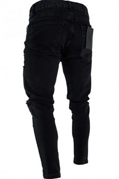 Street Look Mens Jeans Pure Color Mid Rise Knee Broken Hole Zip Detail Skinny-Fit Long Jeans with Pockets