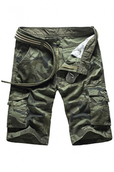Trendy Shorts Camo Printed Mid-Rised Belted Flap Pockets Straight Fit Cargo Shorts for Men