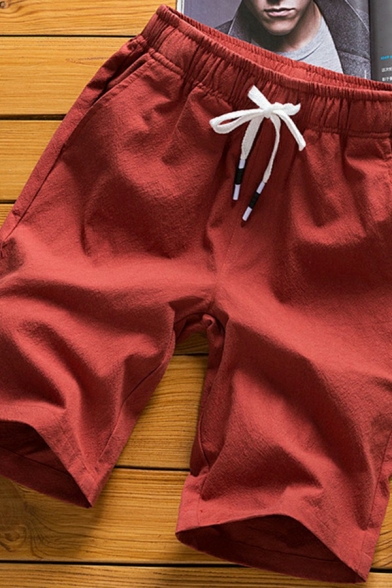 Basic Mens Shorts Plain Drawcord Elastic Waist Pocket Detail Regular Fit Shorts