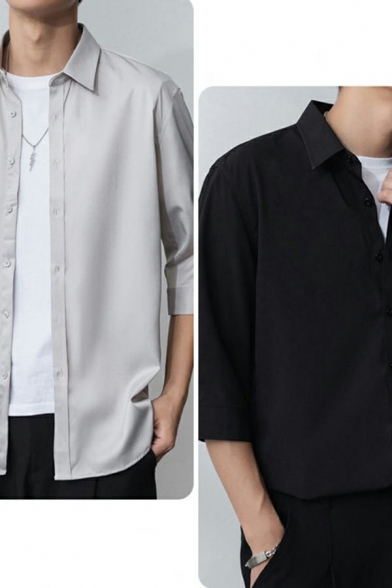 Casual Men's Shirt Solid Color Button Closure Turn-down Collar 3/4 Sleeve Relaxed Fit Shirt