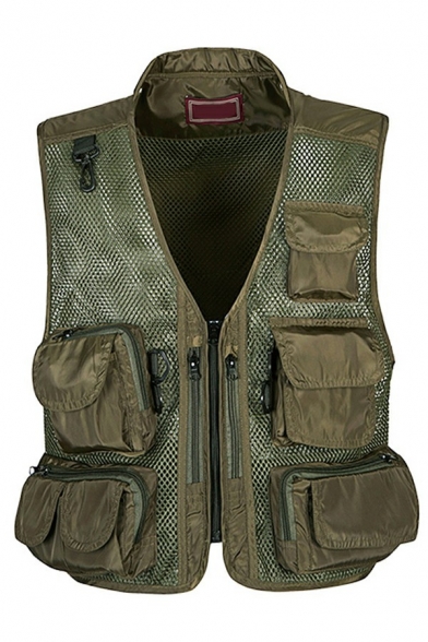 Chic Mens Vest Camo Printed Zipper Fly Big Pockets Buckle Decorated V-Neck Sleeveless Regular Fitted Vest