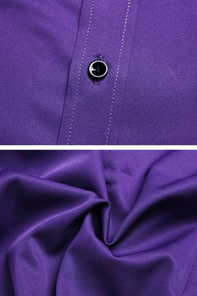 Comfortable Guys Shirt Solid Color Button Closure Turn-down Collar Long-sleeved Fitted Shirt in Purple