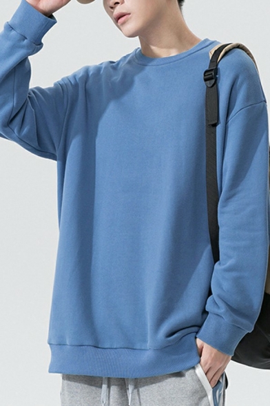 Comfortable Mens Sweatshirt Pure Color Long Sleeve Round Neck Oversized Sweatshirt