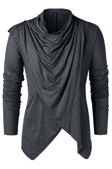 Cool Men's T-Shirt Top Pure Color Long Sleeve Collared Neck Regular Fit T-Shirt