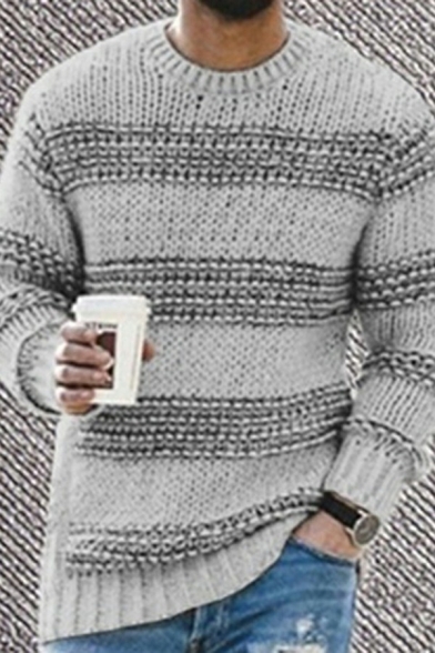 Cool Mens Sweater Stripe Print Long Sleeves Round Neck Loose Pullover
