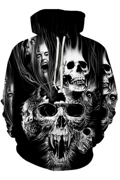Fashion Hoodie 3D Skull Printed Drawcord Front Pocket Long Sleeve Baggy Hoodie for Guys