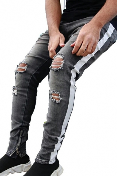 Fashion Mens Jeans Plain Ripped Pocket Detail Ankle Length Skinny Jeans