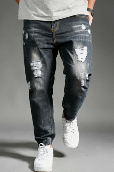 Guys Boyish Jeans Solid Ripped Pocket Detail Zip-up Tapered Jeans