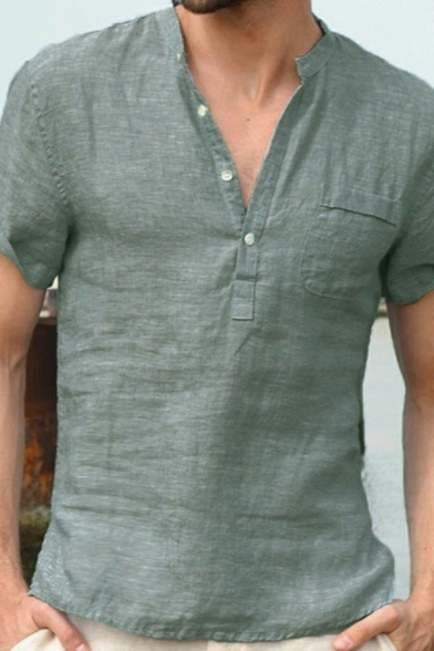 Leisure Henley Shirt Solid Color Pocket Embellished Short Sleeves Baggy Shirt for Men