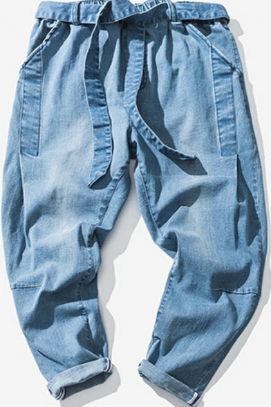 Leisure Men's Jeans Mid Waist Belt Designed Full Length Loose Fitted Zipper Jeans