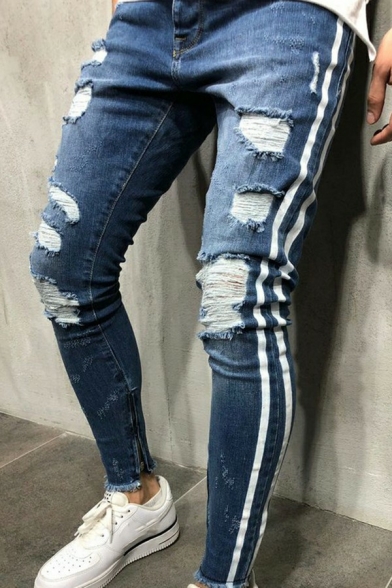 Men Boyish Jeans Stripe Pattern Broken Hole Decoration Mid Rise Skinny Zipper Jeans