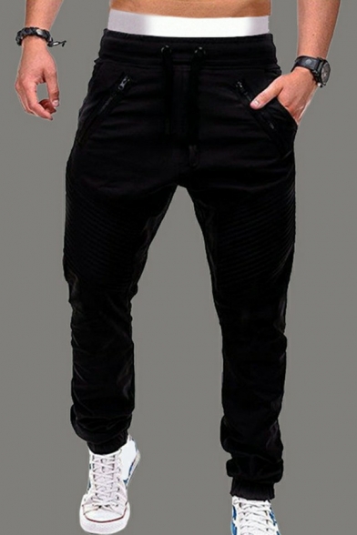 Men Leisure Pants Plain Pleated Zip Pocket Decorated Slim Fit Drawstring Pants