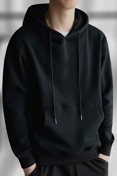 Men Oversized Hoodie Solid Drawstring Pouch Pocket Rib Cuffs Long-sleeved Loose Fit Hoodie
