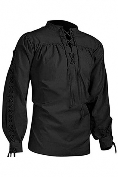 Men Retro Shirt Pure Color Lace-up V-Neck Long-sleeved Relaxed Fit Shirt