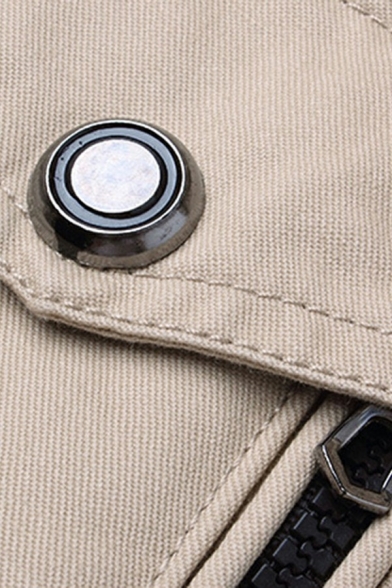 Men's Popular Coat Contrast Trim Stand Collar Pocket Zip Placket Long Sleeve Regular Coat