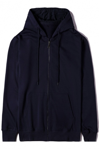 Men Sporty Hoodie Solid Color Drawstring Pocket Detailed Zip-up Long Sleeves Loose Hoodie
