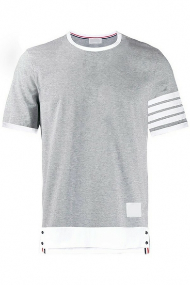 Men Trendy T-Shirt Contrast Striped Crew Neck Short Sleeves Loose T-Shirt
