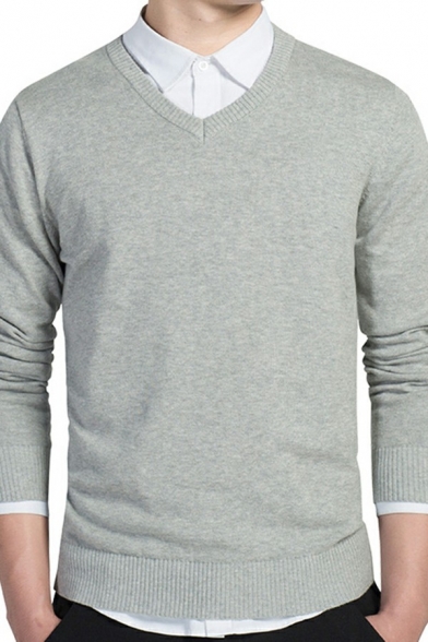 Mens Classic Pullover Pure Color Long Sleeve V Neck Knitted Slim Sweater Top