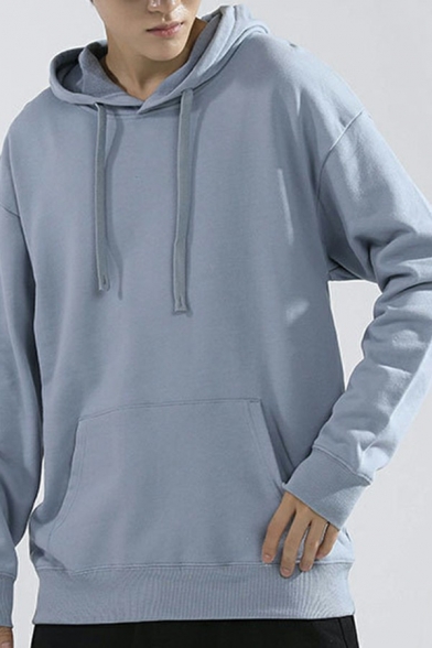 Modern Pure Color Sweatshirt Long Sleeve Drawstring Kanga Pocket Detail Pullover Crew Neck Pullover Sweatshirt for Men