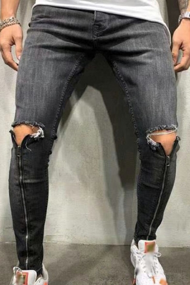Street Look Mens Jeans Pure Color Mid Rise Knee Broken Hole Zip Detail Skinny-Fit Long Jeans with Pockets