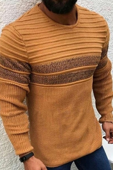 Stylish Mens Sweater Stripe Pattern Ribbed Long Sleeve Crew Neck Slim Pullover