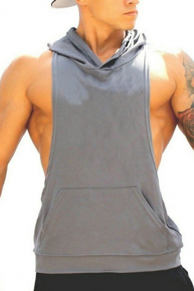 Trendy Vest Solid Color Hooded Kangaroo Pocket Regular Fitted Tank Top for Men