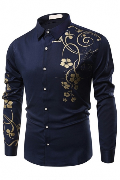 Casual Guy's Button Shirt Gold Plant Pattern Lapel Collar Long-sleeved Slim Button Shirt