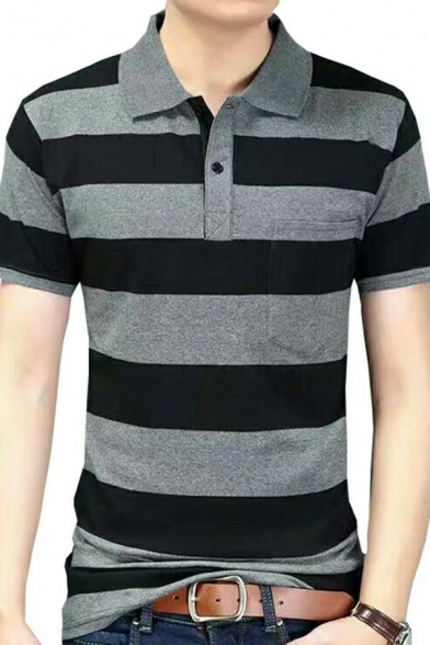 Casual Stripe Print Mens Polos Short-Sleeved Chest Pocket Button Detail Lapel Collar Relaxed Fit Polos